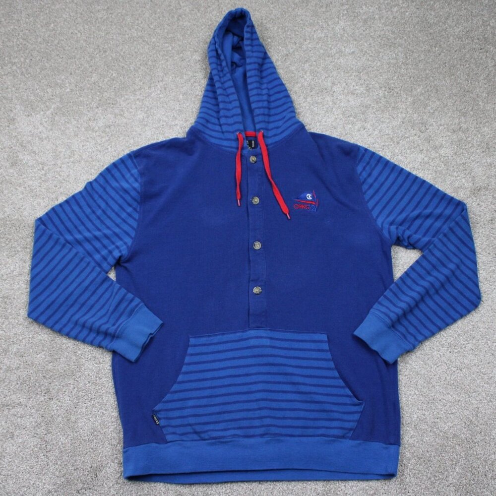 Crooks & Castles Hoodie‎ Mens Medium Blue Cotton Hooded Henley L/S Sweatshirt
